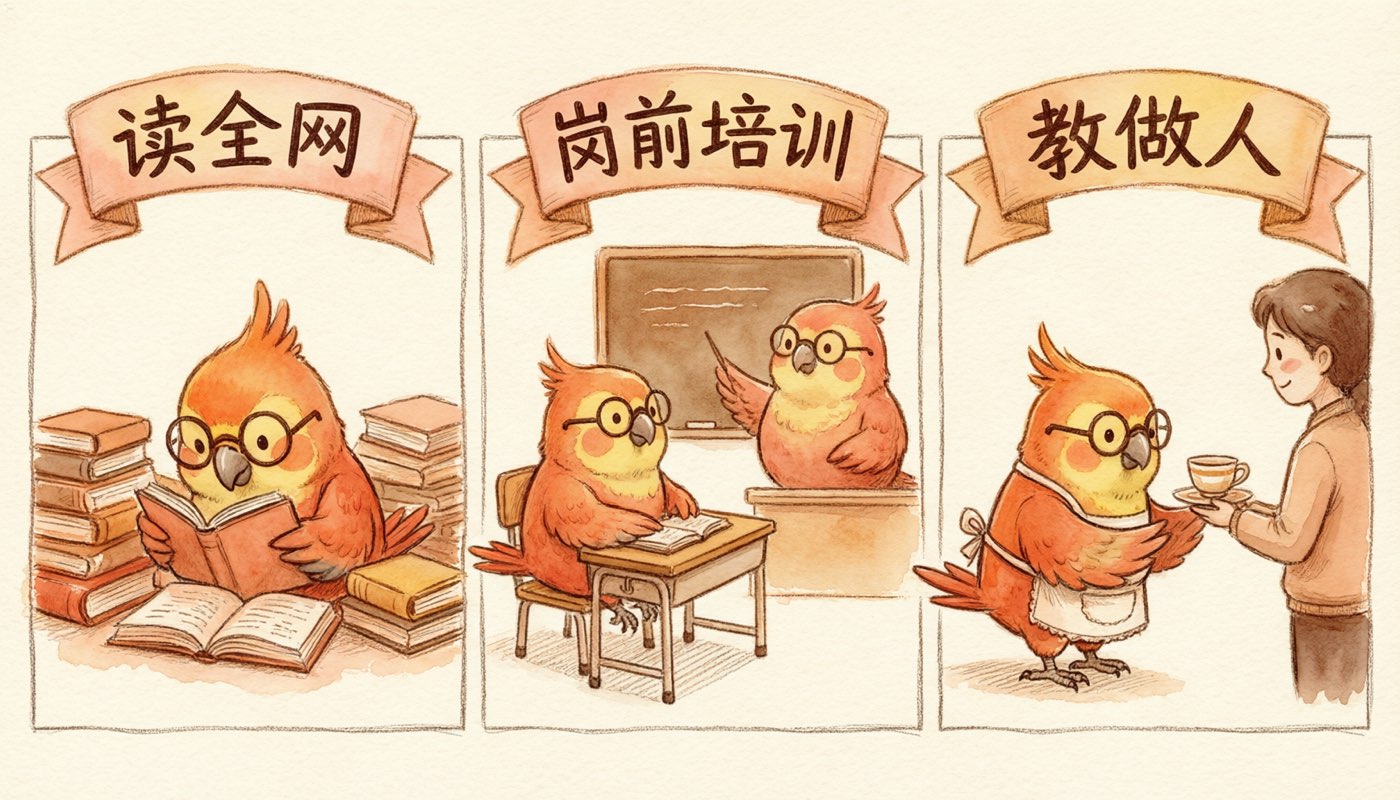 成长三连：啃书、课堂受训、系围裙端茶待客