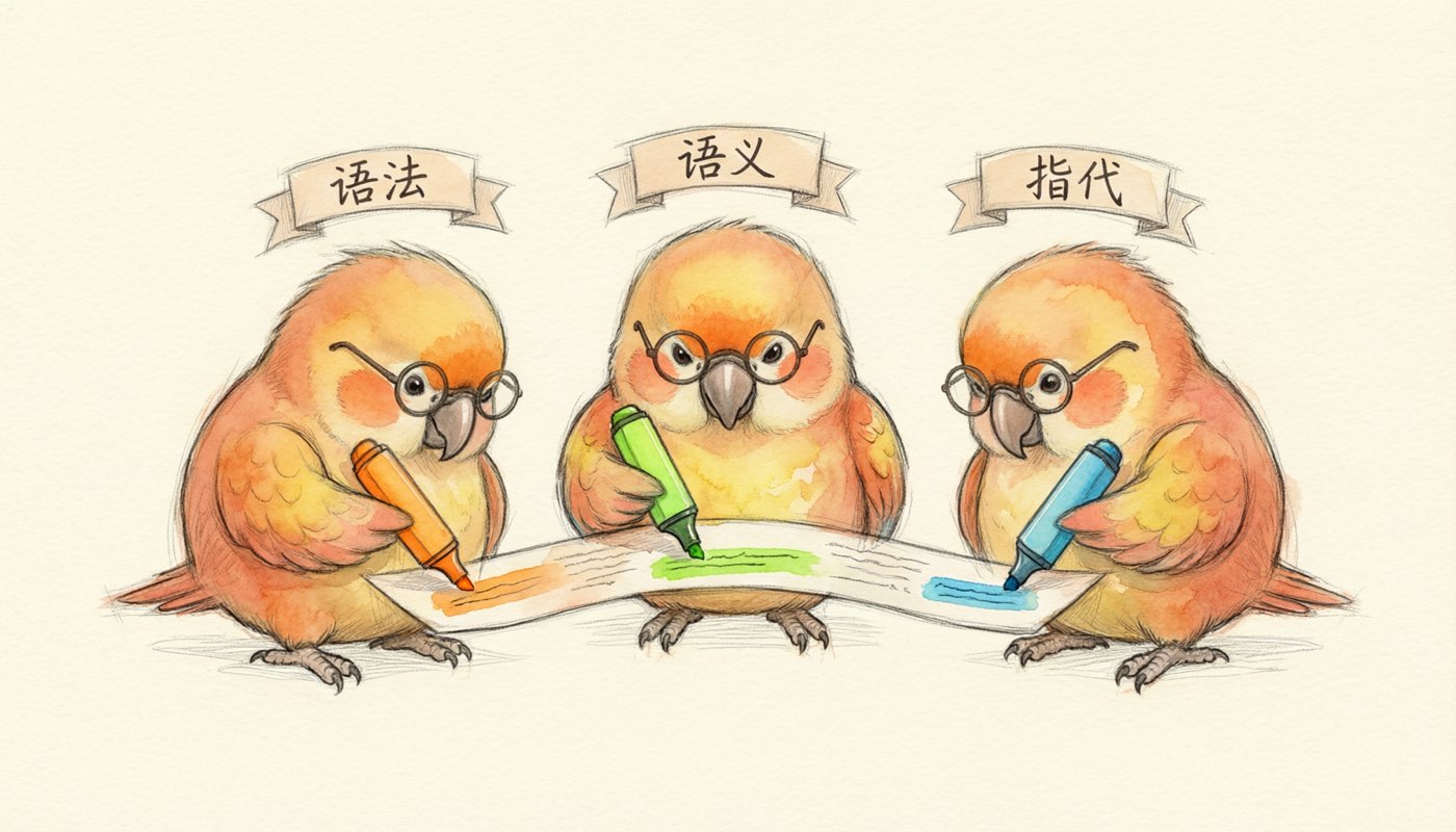 三只小硅各拿不同颜色的笔，分别盯语法、语义、指代